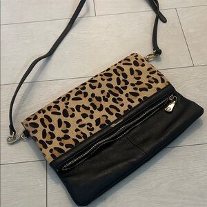 Leopard Print and Black Leather Crossbody Bag